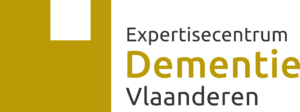 Logo voor Expertisecentrum Dementie Vlaanderen met opvallende gouden en zwarte tekst op een witte achtergrond, en een gouden geometrische vorm met een wit vierkantje aan de linkerkant.