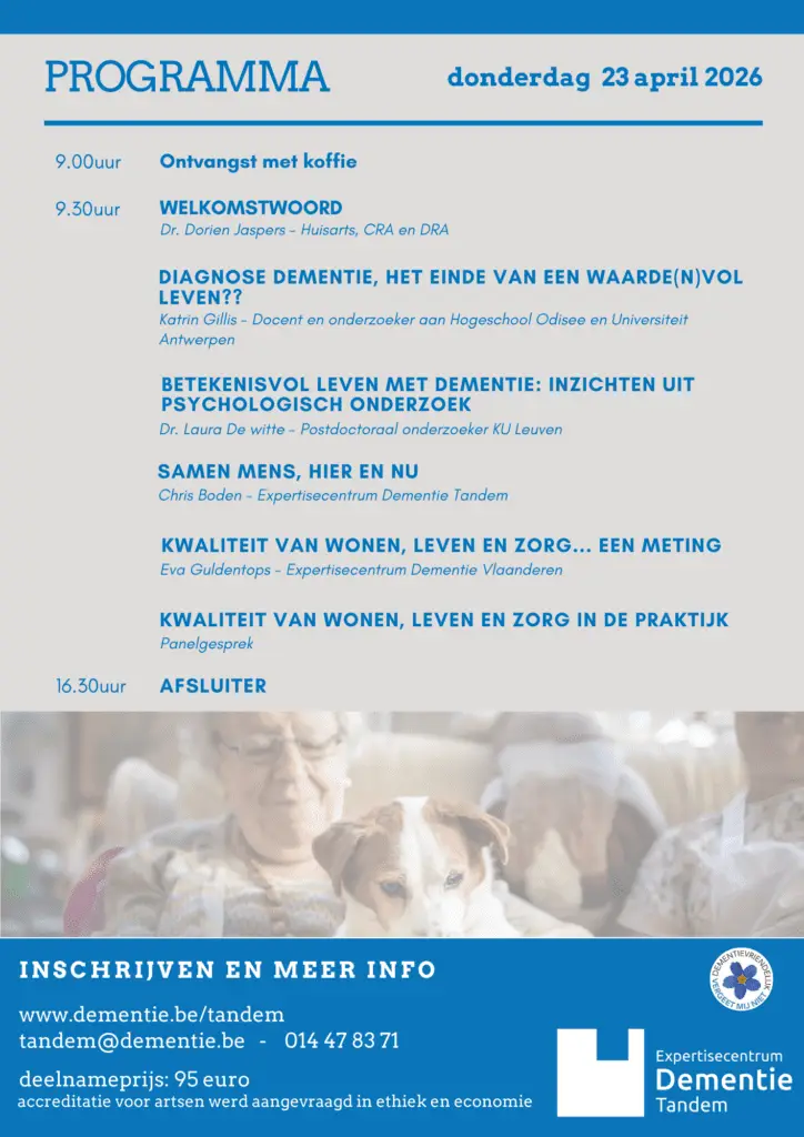 Een programmaoverzicht voor een evenement over dementie, met sessies, tijden, sprekers en contactgegevens. De achtergrond is blauw en wit, verfraaid met pictogrammen en het logo van het Expertisecentrum Dementie Tandem. In deze editie staat de „Terugkomdagen Referentiepersoon dementie 2026” centraal, die waardevolle mogelijkheden biedt voor professionele ontwikkeling en netwerken.
