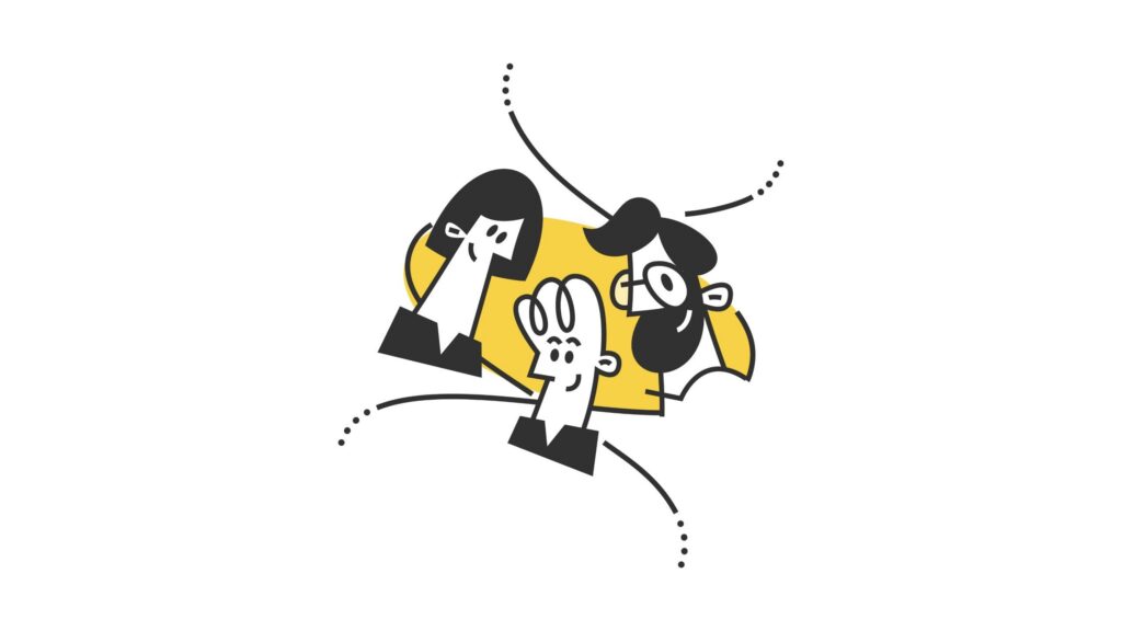 Minimalistische illustratie van drie personen met verschillende kapsels en brillen, met zwarte contouren en een gele vorm op de achtergrond, en stippellijnen die beweging of interactie suggereren, tegen een witte achtergrond.
