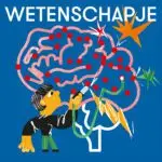 Een gestileerde illustratie van een persoon die rode stippen en lijnen tekent op een roze brein met kleurrijke sterren en vormen, tegen een blauwe achtergrond met bovenaan het woord WETENSCHAPJE.