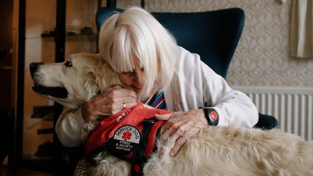 Een bejaarde vrouw met wit haar zit in een stoel en omhelst een golden retriever die een rood hulphondvest draagt, waarmee ze haar genegenheid en troost toont.