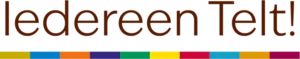 De tekst ‘Iedereen Telt!’ in grote bruine letters boven een kleurrijke balk met acht verschillende kleuren, allemaal op een lichtgrijze achtergrond.