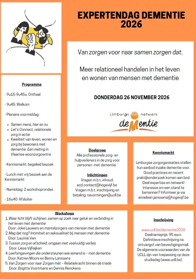 Informatiefolder voor de Expertendag Dementie 2026 in het Nederlands, met programma-informatie, doelstellingen, workshops en contactgegevens voor een evenement over dementie op 26 november 2026, georganiseerd door het Limburgs netwerk dementie. Oranje-witte opmaak.