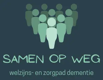 Illustratie van acht gestileerde personen in groene tinten, waarvan er één vooraan staat. Op een donkere achtergrond staat in het Nederlands de tekst ‘SAMEN OP WEG’ en ‘welzijns- en zorgpad dementie’.