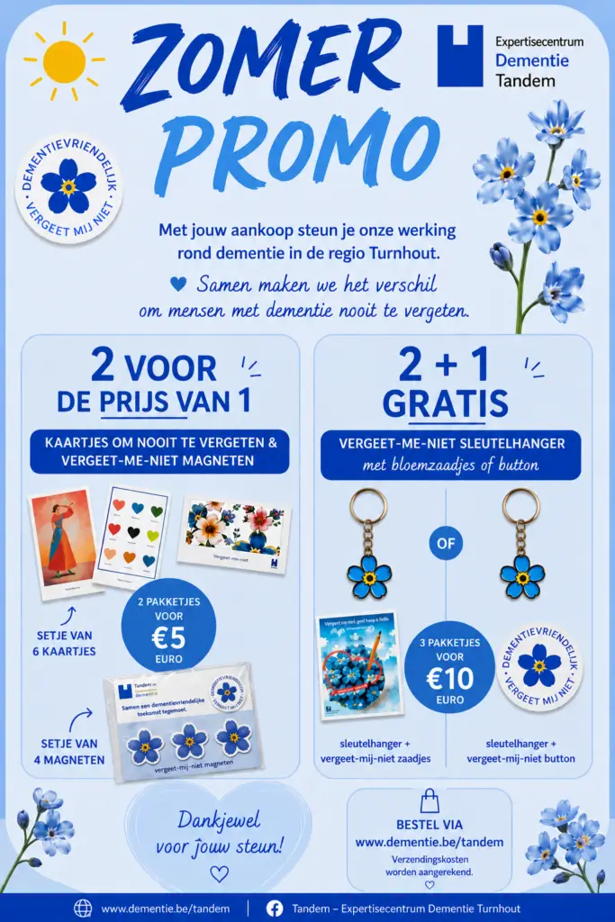Promotiefolder voor een bewustmakingscampagne rond dementie, met kortingen op kaarten, magneten en sleutelhangers met vergeet-mij-nietjes-motieven. Het blauwe kleurenschema met bloemaccenten benadrukt zowel de schoonheid van herinneringen als het belang van steun voor ons doel. Er wordt informatie gegeven over het bestellen, samen met nuttige bronnen over het omgaan met weerstand bij dementie om het bewustzijn verder te vergroten en begeleiding te bieden aan families en mantelzorgers.
