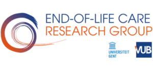 Logo voor de Onderzoeksgroep Terminale Zorg met een cirkelvormig penseelstreekontwerp en de tekst END-OF-LIFE CARE RESEARCH GROUP. Bevat logo’s van de Universiteit Gent en de VUB, wat de samenwerking weerspiegelt binnen initiatieven zoals het Overlegplatform Dementie Brussel voor zorgprofessionals.
